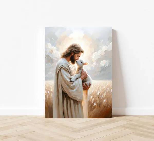 Multicolor_Jesus_Holding_sheep_kissing_Canvas_Wall_Art_Jesus_Christ_The_Good_Shepherd_Wall_Decor_Picture_God_Faith_Christian_Poster_Print_|_For_Home_Living_Room_Bedroom_Home_Decoration