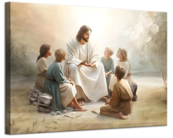 Multicolor_Framed_Jesus_With_Children_Canvas_Wall_Art_Jesus_Teaching_Children_Watercolor_Prints_Religious_Faith_Wall_Decor_Pictures_|_For_Kids_Room_Bedroom_Church_Decorations,_16x24in