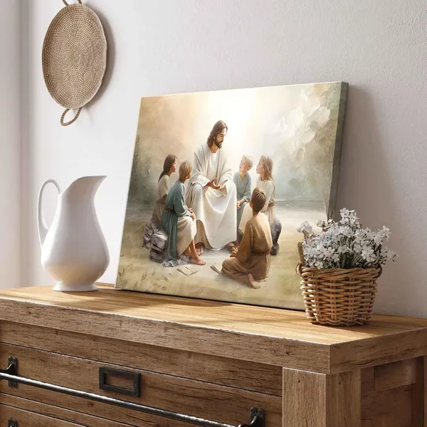 Multicolor_Framed_Jesus_With_Children_Canvas_Wall_Art_Jesus_Teaching_Children_Watercolor_Prints_Religious_Faith_Wall_Decor_Pictures_|_For_Kids_Room_Bedroom_Church_Decorations,_16x24in