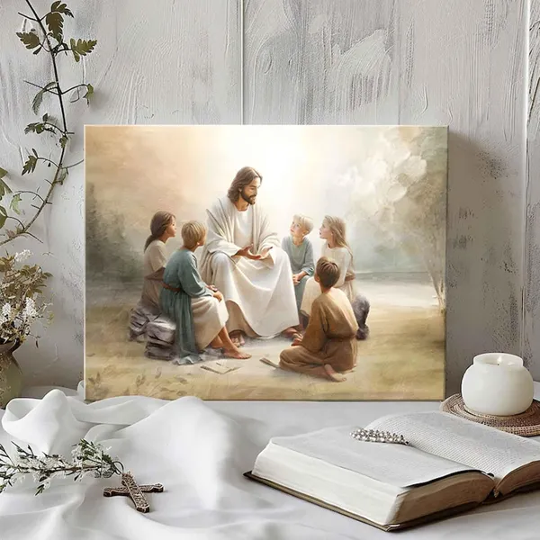 Multicolor_Framed_Jesus_With_Children_Canvas_Wall_Art_Jesus_Teaching_Children_Watercolor_Prints_Religious_Faith_Wall_Decor_Pictures_|_For_Kids_Room_Bedroom_Church_Decorations,_16x24in
