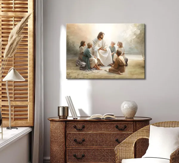Multicolor_Framed_Jesus_With_Children_Canvas_Wall_Art_Jesus_Teaching_Children_Watercolor_Prints_Religious_Faith_Wall_Decor_Pictures_|_For_Kids_Room_Bedroom_Church_Decorations,_16x24in