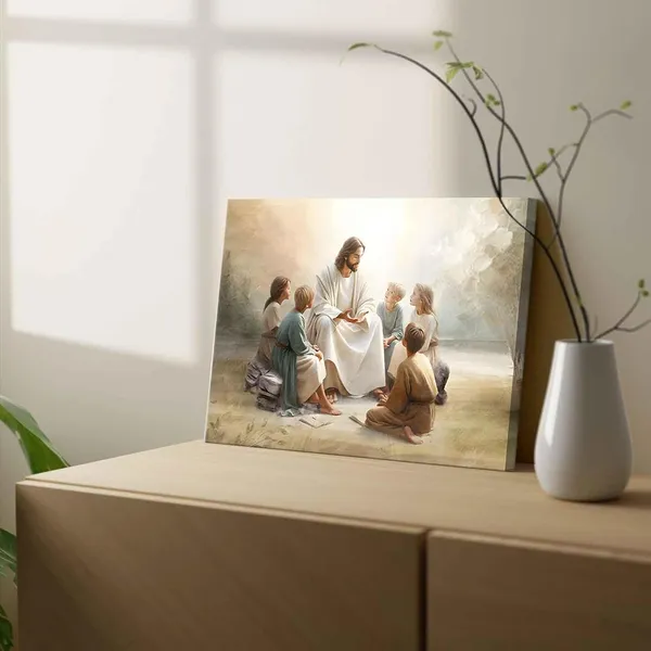 Multicolor_Framed_Jesus_With_Children_Canvas_Wall_Art_Jesus_Teaching_Children_Watercolor_Prints_Religious_Faith_Wall_Decor_Pictures_|_For_Kids_Room_Bedroom_Church_Decorations,_16x24in