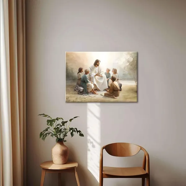 Multicolor_Framed_Jesus_With_Children_Canvas_Wall_Art_Jesus_Teaching_Children_Watercolor_Prints_Religious_Faith_Wall_Decor_Pictures_|_For_Kids_Room_Bedroom_Church_Decorations,_16x24in