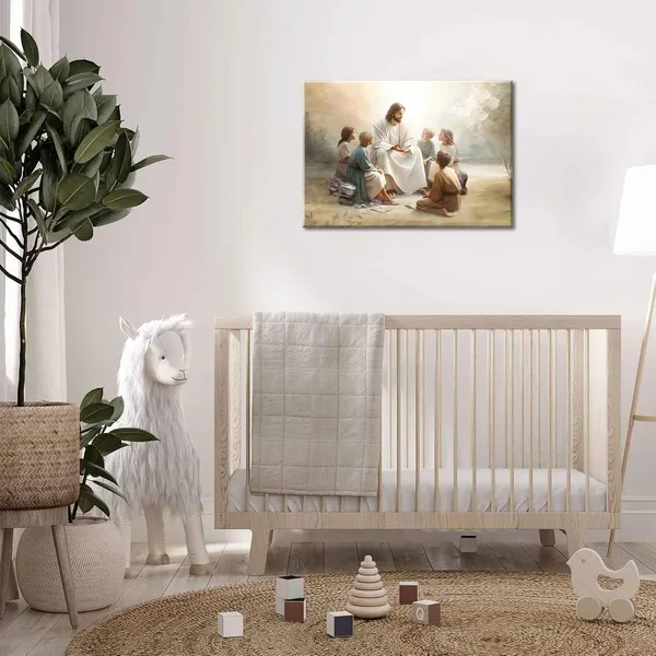 Multicolor_Framed_Jesus_With_Children_Canvas_Wall_Art_Jesus_Teaching_Children_Watercolor_Prints_Religious_Faith_Wall_Decor_Pictures_|_For_Kids_Room_Bedroom_Church_Decorations,_16x24in