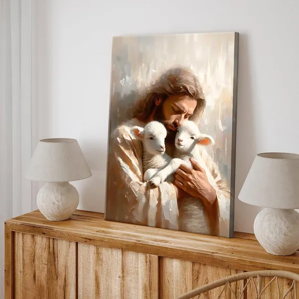 Multicolor_Jesus_and_Lambs_Canvas_Wall_Art_Jesus_Christ_The_Good_Shepherd_Wall_Decor_Picture_Jesus_Rescues_Little_Lambs_Religious_Poster_Print_|_For_Living_Room_Bedroom_Home_Decoration,16x24in