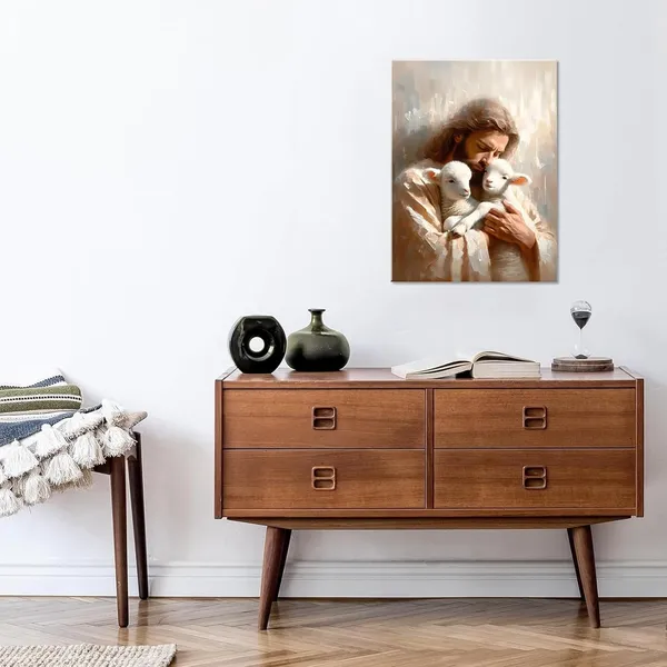 Multicolor_Jesus_and_Lambs_Canvas_Wall_Art_Jesus_Christ_The_Good_Shepherd_Wall_Decor_Picture_Jesus_Rescues_Little_Lambs_Religious_Poster_Print_|_For_Living_Room_Bedroom_Home_Decoration,16x24in