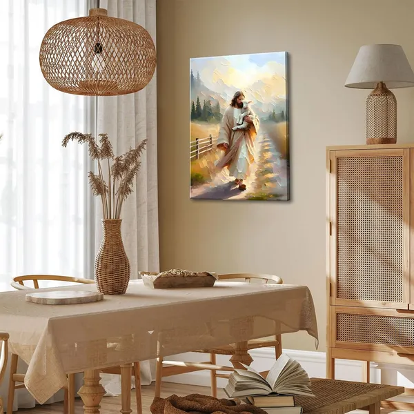 Multicolor_Framed_Jesus_and_Lamb_Canvas_Wall_Art_Jesus_Finds_the_Lost_Lamb_Prints_Christian_Bible_Story_Wall_Decor_Pictures_God_Faith_Religious_Artwork_|_For_Living_Room_Bedroom_Church_Decoration,_16x24in