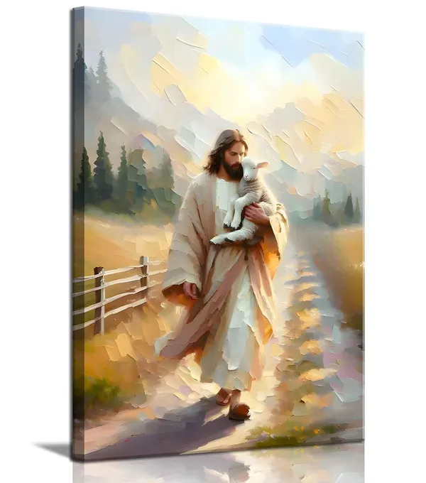 Multicolor_Framed_Jesus_and_Lamb_Canvas_Wall_Art_Jesus_Finds_the_Lost_Lamb_Prints_Christian_Bible_Story_Wall_Decor_Pictures_God_Faith_Religious_Artwork_|_For_Living_Room_Bedroom_Church_Decoration,_16x24in