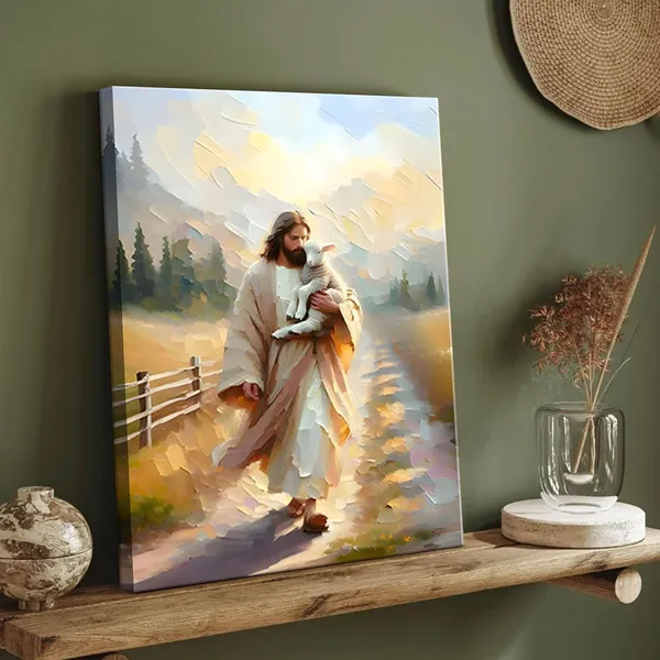 Multicolor_Framed_Jesus_and_Lamb_Canvas_Wall_Art_Jesus_Finds_the_Lost_Lamb_Prints_Christian_Bible_Story_Wall_Decor_Pictures_God_Faith_Religious_Artwork_|_For_Living_Room_Bedroom_Church_Decoration,_16x24in