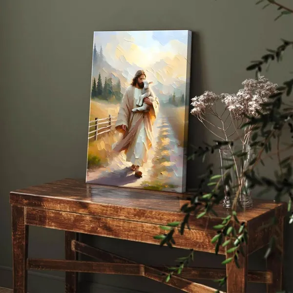 Multicolor_Framed_Jesus_and_Lamb_Canvas_Wall_Art_Jesus_Finds_the_Lost_Lamb_Prints_Christian_Bible_Story_Wall_Decor_Pictures_God_Faith_Religious_Artwork_|_For_Living_Room_Bedroom_Church_Decoration,_16x24in