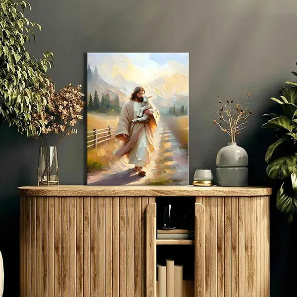 Multicolor_Framed_Jesus_and_Lamb_Canvas_Wall_Art_Jesus_Finds_the_Lost_Lamb_Prints_Christian_Bible_Story_Wall_Decor_Pictures_God_Faith_Religious_Artwork_|_For_Living_Room_Bedroom_Church_Decoration,_16x24in