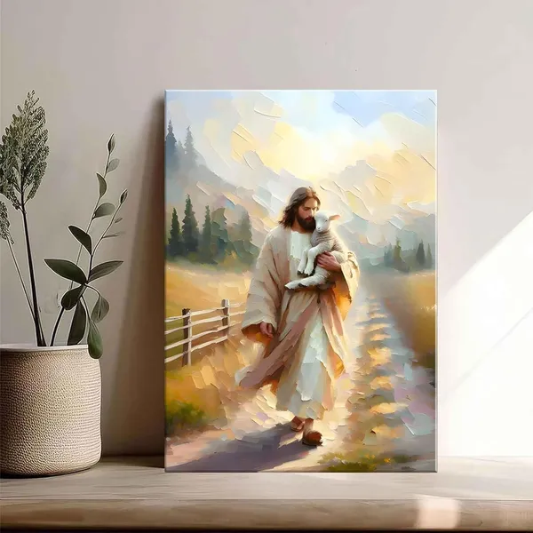 Multicolor_Framed_Jesus_and_Lamb_Canvas_Wall_Art_Jesus_Finds_the_Lost_Lamb_Prints_Christian_Bible_Story_Wall_Decor_Pictures_God_Faith_Religious_Artwork_|_For_Living_Room_Bedroom_Church_Decoration,_16x24in