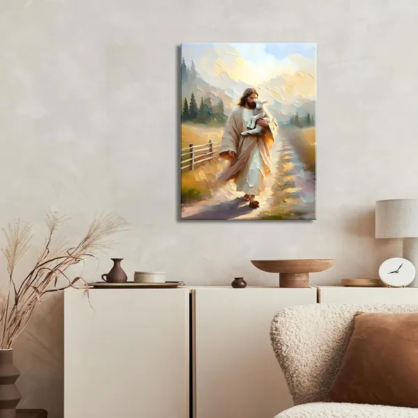 Multicolor_Framed_Jesus_and_Lamb_Canvas_Wall_Art_Jesus_Finds_the_Lost_Lamb_Prints_Christian_Bible_Story_Wall_Decor_Pictures_God_Faith_Religious_Artwork_|_For_Living_Room_Bedroom_Church_Decoration,_16x24in