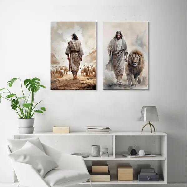 Multicolor_Framed_2Pcs_Jesus_Canvas_wall_Art_Boho_Christian_Wall_Art_Jesus_and_Lamb_Prints_Wall_Decor_Lamb_of_God_Pictures_Posters_Lion_of_judah_Paintings_|_For_Livingroom_Bedroom_Church
