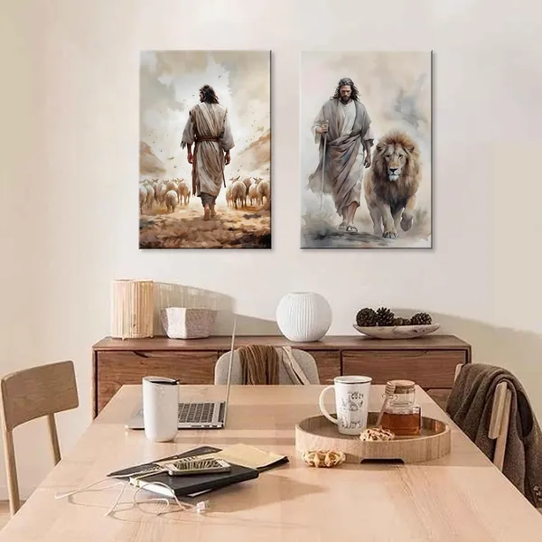 Multicolor_Framed_2Pcs_Jesus_Canvas_wall_Art_Boho_Christian_Wall_Art_Jesus_and_Lamb_Prints_Wall_Decor_Lamb_of_God_Pictures_Posters_Lion_of_judah_Paintings_|_For_Livingroom_Bedroom_Church