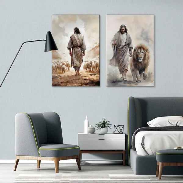 Multicolor_Framed_2Pcs_Jesus_Canvas_wall_Art_Boho_Christian_Wall_Art_Jesus_and_Lamb_Prints_Wall_Decor_Lamb_of_God_Pictures_Posters_Lion_of_judah_Paintings_|_For_Livingroom_Bedroom_Church