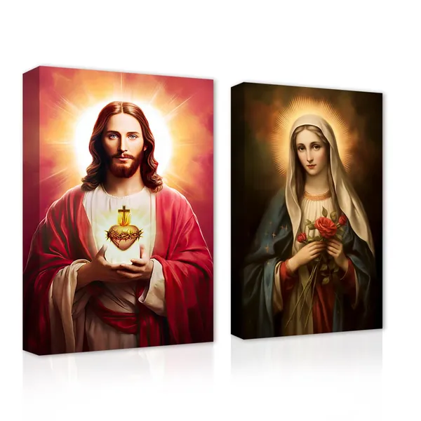 Multicolor_Christ_Jesus_And_Virgin_Mary_Canvas_Wall_Art_2_Piece_Sacred_Heart_Jesus_And_The_Virgin_Mary_Paintings_Prints_God_Poster_|_For_Church_Decor_(A,_12.00"x16.00"x2P)
