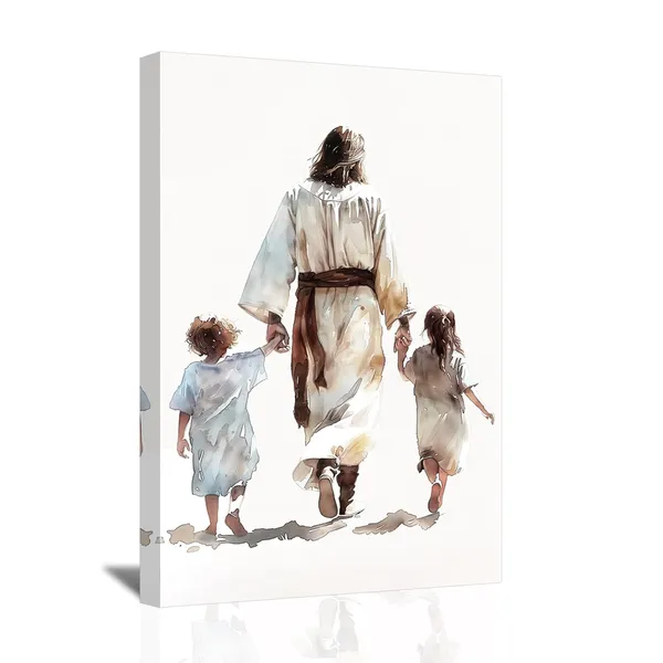 Multicolor_Jesus_Canvas_Wall_Art_God_and_Children_Back_View_Pictures_Prints_Watercolor_Jesus_Art_Poster_Christian_Spiritual_Painting_|_For_Kids_Girls_Boys_Room_Decor_Framed_(Brown,_16.00"_x_24.00")