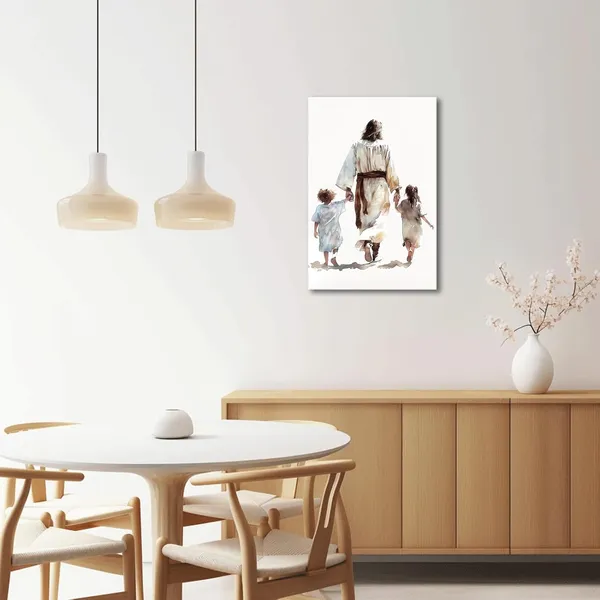 Multicolor_Jesus_Canvas_Wall_Art_God_and_Children_Back_View_Pictures_Prints_Watercolor_Jesus_Art_Poster_Christian_Spiritual_Painting_|_For_Kids_Girls_Boys_Room_Decor_Framed_(Brown,_16.00"_x_24.00")