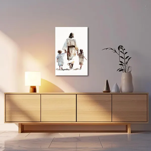 Multicolor_Jesus_Canvas_Wall_Art_God_and_Children_Back_View_Pictures_Prints_Watercolor_Jesus_Art_Poster_Christian_Spiritual_Painting_|_For_Kids_Girls_Boys_Room_Decor_Framed_(Brown,_16.00"_x_24.00")
