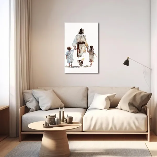 Multicolor_Jesus_Canvas_Wall_Art_God_and_Children_Back_View_Pictures_Prints_Watercolor_Jesus_Art_Poster_Christian_Spiritual_Painting_|_For_Kids_Girls_Boys_Room_Decor_Framed_(Brown,_16.00"_x_24.00")