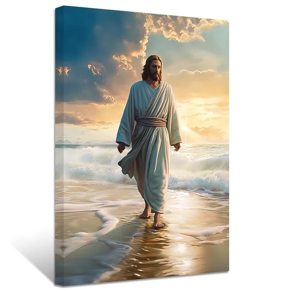 Multicolor_Jesus_Canvas_Wall_Art_God_Walks_on_the_Beach_Pictures_Prints_Christian_Spiritual_Poster_Artwork_Home_Decor_|_For_Office_Prayer_Room_Framed(2,_(16.00"_x_24.00"))