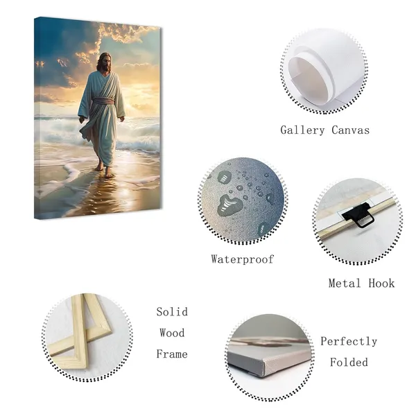 Multicolor_Jesus_Canvas_Wall_Art_God_Walks_on_the_Beach_Pictures_Prints_Christian_Spiritual_Poster_Artwork_Home_Decor_|_For_Office_Prayer_Room_Framed(2,_(16.00"_x_24.00"))