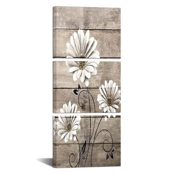 Multicolor_3_Piece_Daisy_Flower_Wall_Art_Rustic_Farm_Floral_Painting_Artwork_|_For_Farmhouse_Home_Bedroom_Bathroom_Decor_Vintage_White_Brown_Flower_Art_Poster_Kitchen_Decor_Each_Piece_12x16
