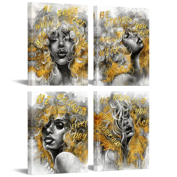 Multicolor_Be_Strong_Be_Brave_Be_Badass_Wall_Art_Fashion_Black_Women_with_Inspirational_Motivational_Positive_Quotes_Painting_Decor_Black_and_Gold_Afro_African_American_Woman_Canvas_Prints