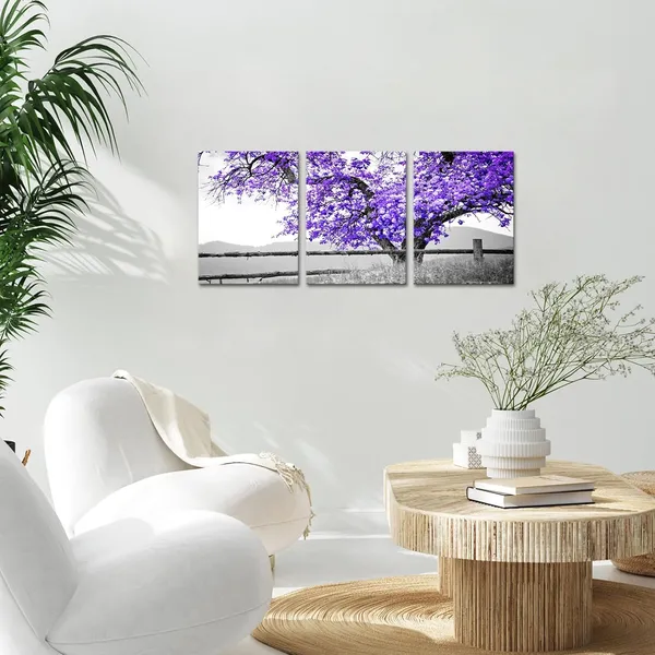 Multicolor_3_Panel_Wall_Art_Black_and_White_Purple_Tree_Picture_Canvas_Prints_Nature_Landscape_Painting_Art_|_For_Living_Room_Wall_Decor_Gallery_Wrap_Ready_to_Hang_12x16_Inch_Each_Piece