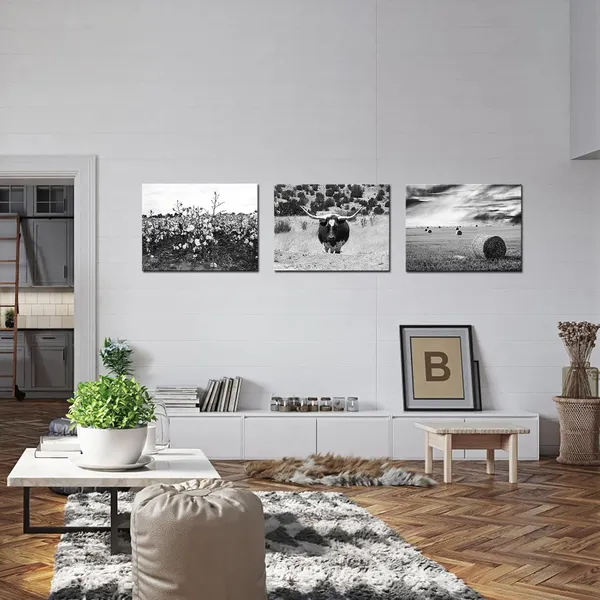 Multicolor_3_Piece_Wall_Art_Black_and_White_Texas_Countryside_Landscape_Pictures_Longhorn_Cattle_Hay_Bales_Cotton_Field_Photo_Canvas_Art_Painting_|_For_Home_Farmhouse_Decor_Framed_Ready_to_Hang