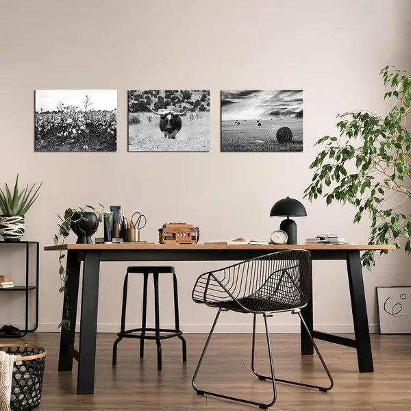 Multicolor_3_Piece_Wall_Art_Black_and_White_Texas_Countryside_Landscape_Pictures_Longhorn_Cattle_Hay_Bales_Cotton_Field_Photo_Canvas_Art_Painting_|_For_Home_Farmhouse_Decor_Framed_Ready_to_Hang