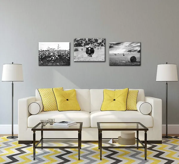 Multicolor_3_Piece_Wall_Art_Black_and_White_Texas_Countryside_Landscape_Pictures_Longhorn_Cattle_Hay_Bales_Cotton_Field_Photo_Canvas_Art_Painting_|_For_Home_Farmhouse_Decor_Framed_Ready_to_Hang