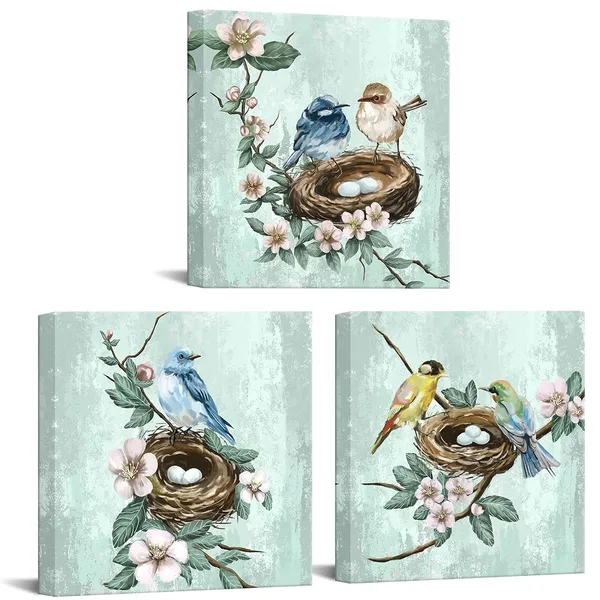 Multicolor_3_Piece_Bird_Canvas_Wall_Art_|_For_Bedroom_Teal_Green_Flowers_Branch_Wall_Decor_Animal_Picture_Framed_Artwork_Vintage_Theme_Prints_Paintings_Ready_to_Hang_|_For_Home_Bathroom_Kitchen_Office