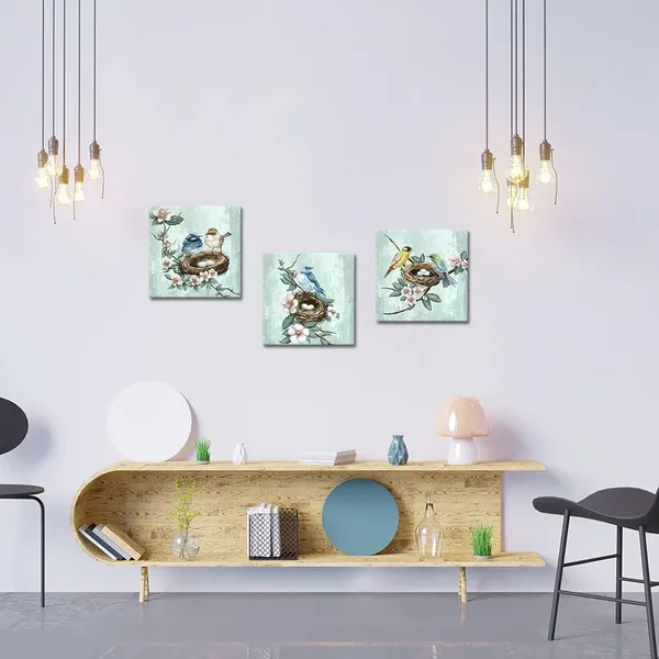 Multicolor_3_Piece_Bird_Canvas_Wall_Art_|_For_Bedroom_Teal_Green_Flowers_Branch_Wall_Decor_Animal_Picture_Framed_Artwork_Vintage_Theme_Prints_Paintings_Ready_to_Hang_|_For_Home_Bathroom_Kitchen_Office
