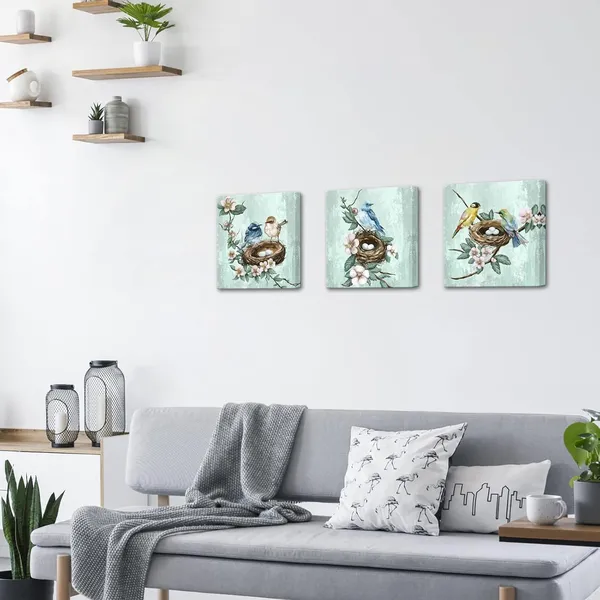 Multicolor_3_Piece_Bird_Canvas_Wall_Art_|_For_Bedroom_Teal_Green_Flowers_Branch_Wall_Decor_Animal_Picture_Framed_Artwork_Vintage_Theme_Prints_Paintings_Ready_to_Hang_|_For_Home_Bathroom_Kitchen_Office