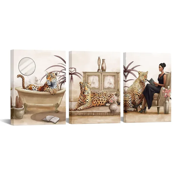 Multicolor_Bathroom_Animal_Canvas_Wall_Art_Jungle_Animal_Leopard_Painting_Art_Prints_|_For_Home_Bedroom_Decor_Framed_Ready_to_Hang_(Brown,_Small)