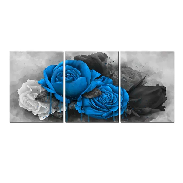Multicolor_3_Piece_Flower_Canvas_Wall_Art_Blue_Rose_Floral_Painting_Wall_Decor_|_For_Home_Bedroom_Bathroom_Black_and_White_Flower_Canvas_Prints_Gallery_Wrap_Ready_to_Hang_Each_Piece_12x16