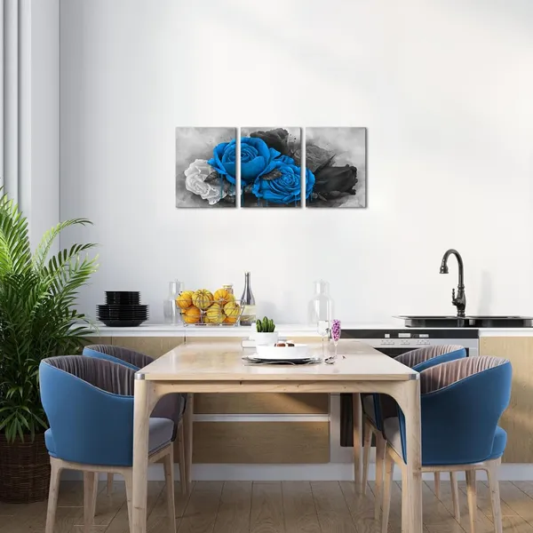 Multicolor_3_Piece_Flower_Canvas_Wall_Art_Blue_Rose_Floral_Painting_Wall_Decor_|_For_Home_Bedroom_Bathroom_Black_and_White_Flower_Canvas_Prints_Gallery_Wrap_Ready_to_Hang_Each_Piece_12x16