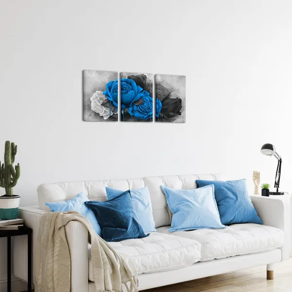 Multicolor_3_Piece_Flower_Canvas_Wall_Art_Blue_Rose_Floral_Painting_Wall_Decor_|_For_Home_Bedroom_Bathroom_Black_and_White_Flower_Canvas_Prints_Gallery_Wrap_Ready_to_Hang_Each_Piece_12x16