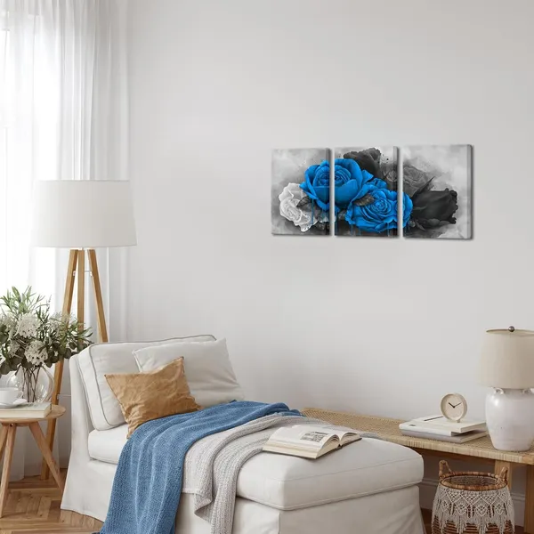 Multicolor_3_Piece_Flower_Canvas_Wall_Art_Blue_Rose_Floral_Painting_Wall_Decor_|_For_Home_Bedroom_Bathroom_Black_and_White_Flower_Canvas_Prints_Gallery_Wrap_Ready_to_Hang_Each_Piece_12x16