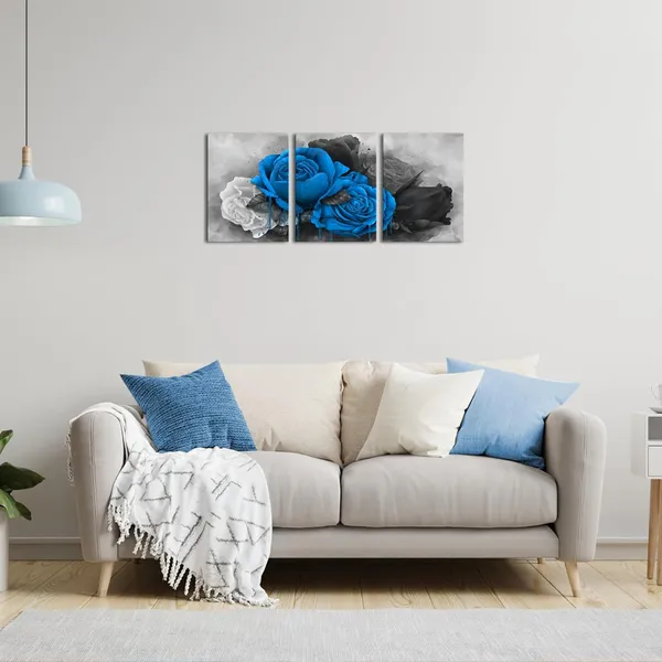 Multicolor_3_Piece_Flower_Canvas_Wall_Art_Blue_Rose_Floral_Painting_Wall_Decor_|_For_Home_Bedroom_Bathroom_Black_and_White_Flower_Canvas_Prints_Gallery_Wrap_Ready_to_Hang_Each_Piece_12x16