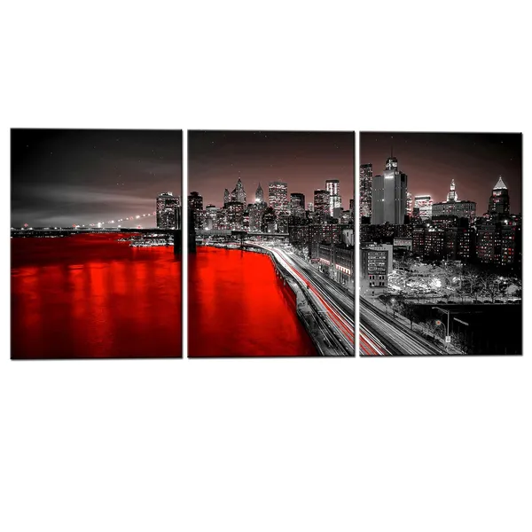 Multicolor_3_Panel_New_York_City_Wall_Art_Canvas_Brooklyn_Bridge_Night_View_Picture_Print_Modern_Black_and_Red_City_Poster_Painting_|_For_Home_Office_Bedroom_Decoration_(Red,_Small)