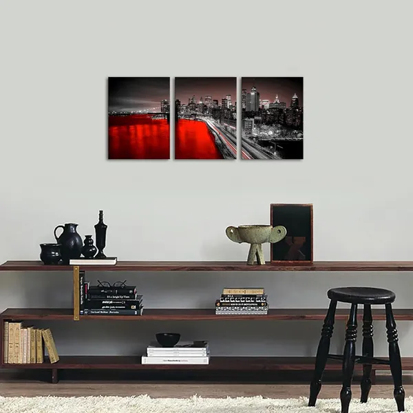 Multicolor_3_Panel_New_York_City_Wall_Art_Canvas_Brooklyn_Bridge_Night_View_Picture_Print_Modern_Black_and_Red_City_Poster_Painting_|_For_Home_Office_Bedroom_Decoration_(Red,_Small)