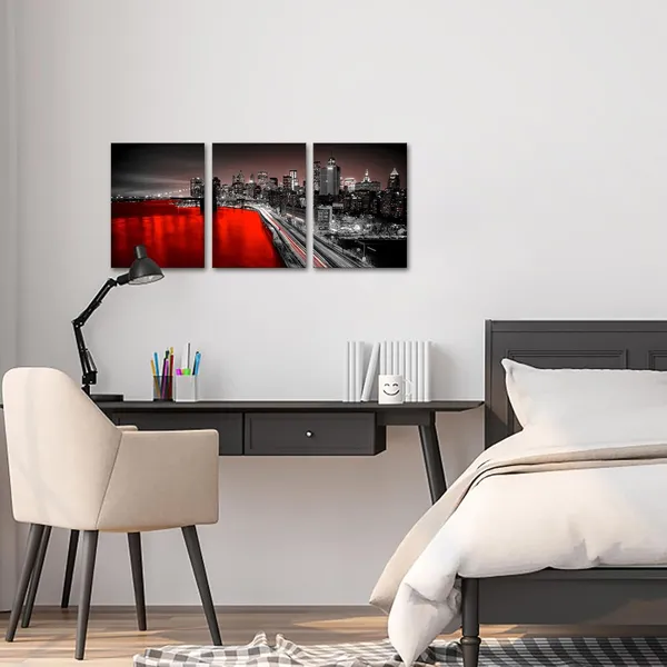 Multicolor_3_Panel_New_York_City_Wall_Art_Canvas_Brooklyn_Bridge_Night_View_Picture_Print_Modern_Black_and_Red_City_Poster_Painting_|_For_Home_Office_Bedroom_Decoration_(Red,_Small)