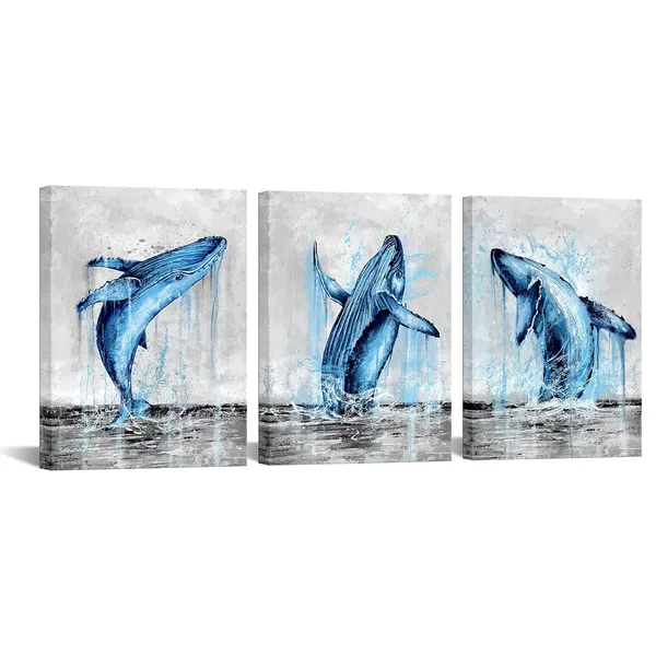 Multicolor_Coastal_Canvas_Wall_Art_Blue_and_Grey_Whale_Paintings_Pictures_Modern_Abstract_Tropical_Fish_Poster_Artwork_with_Frame_|_For_Bathroom_Bedroom_Living_Room_Decor_12x16inchx3pcs