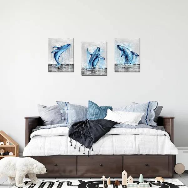 Multicolor_Coastal_Canvas_Wall_Art_Blue_and_Grey_Whale_Paintings_Pictures_Modern_Abstract_Tropical_Fish_Poster_Artwork_with_Frame_|_For_Bathroom_Bedroom_Living_Room_Decor_12x16inchx3pcs