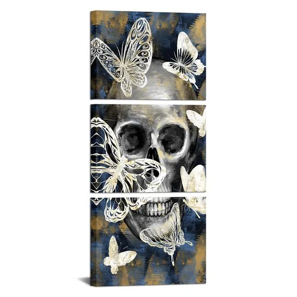 Multicolor_3_Panel_Skull_Wall_Art_Canvas_Modern_Skull_with_Butterflies_Picture_Painting_Print_|_For_Home_Living_Room_Bedroom_Wall_Decoration_Gallery_Canvas_Wrapped_Ready_to_Hang_Each_Piece_12x16