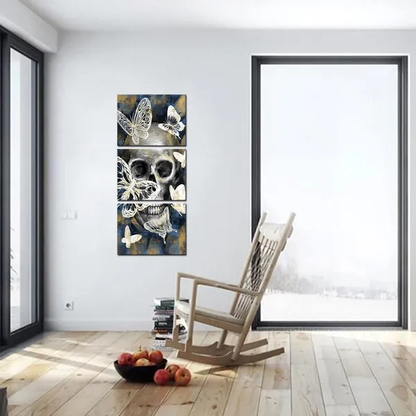 Multicolor_3_Panel_Skull_Wall_Art_Canvas_Modern_Skull_with_Butterflies_Picture_Painting_Print_|_For_Home_Living_Room_Bedroom_Wall_Decoration_Gallery_Canvas_Wrapped_Ready_to_Hang_Each_Piece_12x16