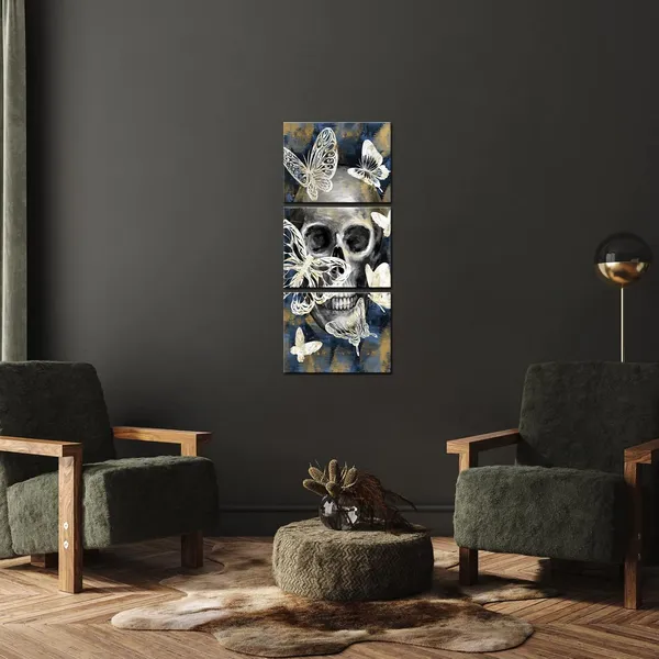 Multicolor_3_Panel_Skull_Wall_Art_Canvas_Modern_Skull_with_Butterflies_Picture_Painting_Print_|_For_Home_Living_Room_Bedroom_Wall_Decoration_Gallery_Canvas_Wrapped_Ready_to_Hang_Each_Piece_12x16
